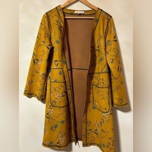 Anthropologie- Solitaire mustard floral long suede open cardigan